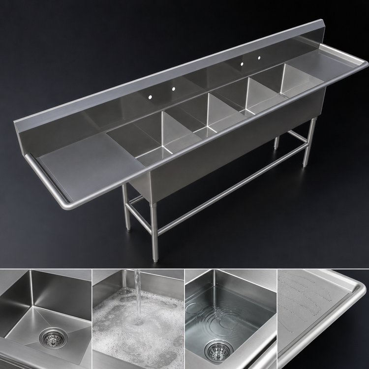 Product image #3 for John Boos Pro-Bowl 4-Compartment Stainless Steel Sink with Dual Drainboards, 24" x 24" Bowls