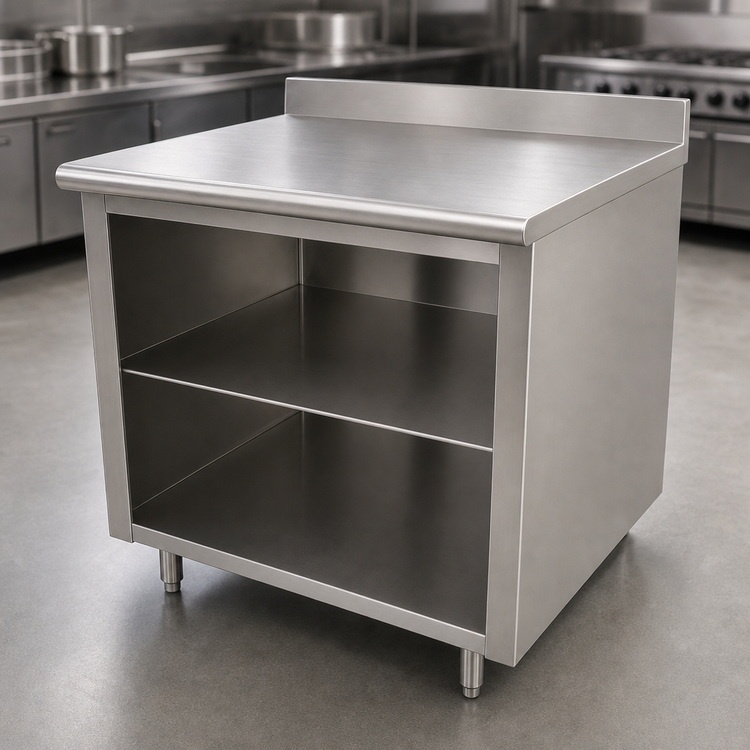 Product image #3 for Advance Tabco 84-Inch x 24-Inch 14-Gauge 304 Stainless Steel Work Table with Open Front Cabinet Base, Mid-Shelf, and 5-Inch Backsplash