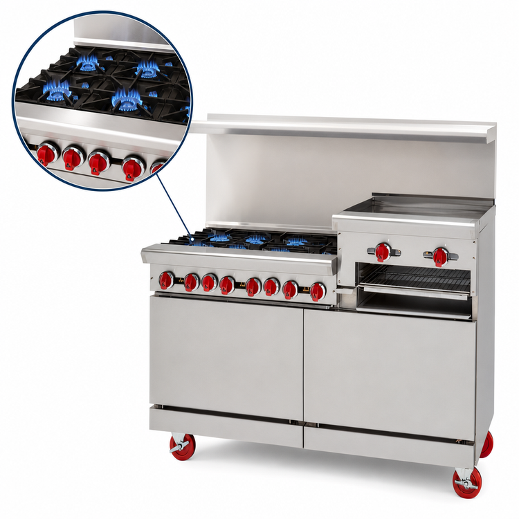 Product image #3 for American Range 72-Inch Commercial Gas Range with 8 Open Burners, 24-Inch Raised Griddle/Broiler, Convection Oven, and Standard Oven
