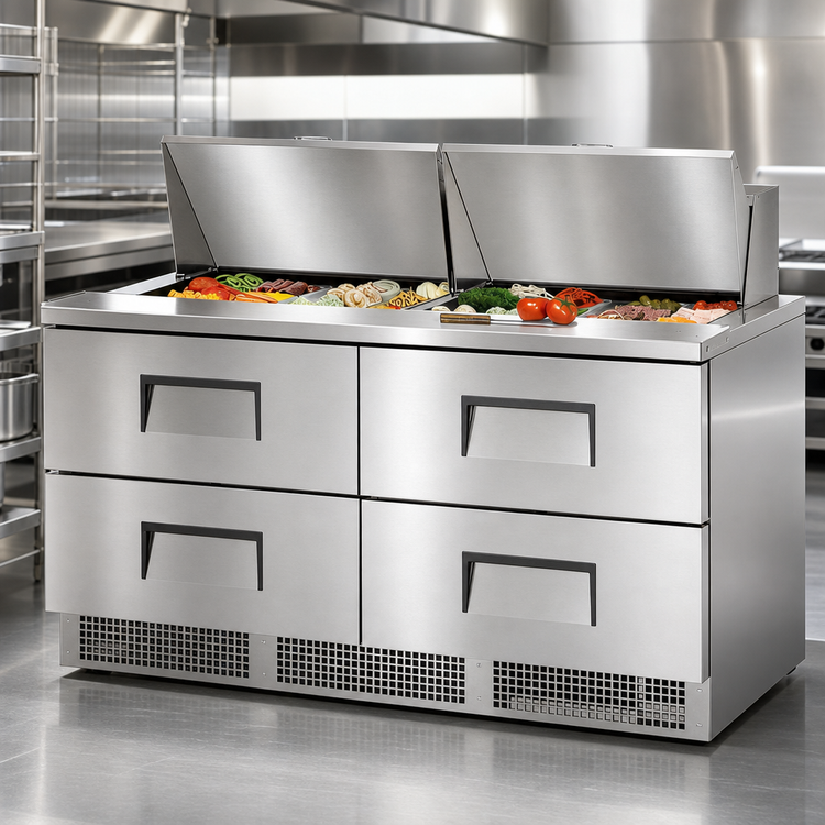 Product image #3 for True 64-Inch Two-Section 4-Drawer Stainless Steel Sandwich/Salad Prep Table with Rear-Mounted Self-Contained Refrigeration