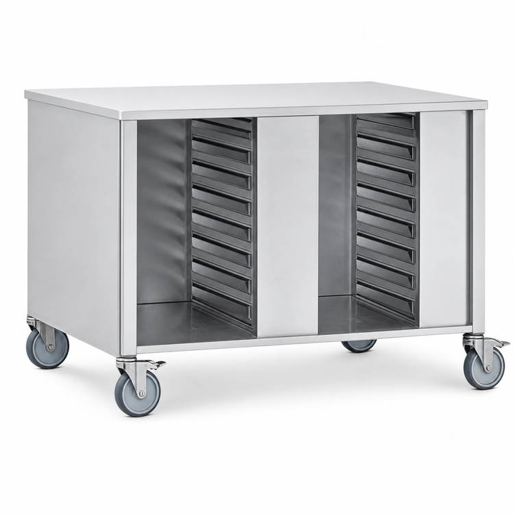 Product image #3 for Convotherm Stainless Steel Oven Stand, Closed on Three Sides, with Casters and 14 Shelf-Rail Pairs for C4 6.20/10.20