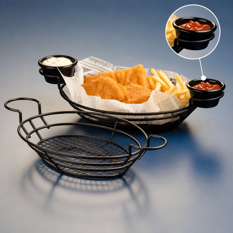 Product image #3 for American Metalcraft 11 x 8 Inch Oval Wire Serving Basket with Built-In Ramekin Holders, Black