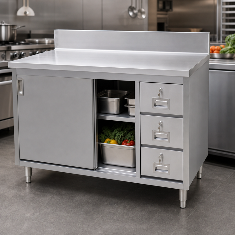 Product image #3 for Omcan 48-Inch Enclosed Stainless Steel Work Table with Cabinet Base, Sliding Doors, 3 Drawers, and 6-Inch Backsplash