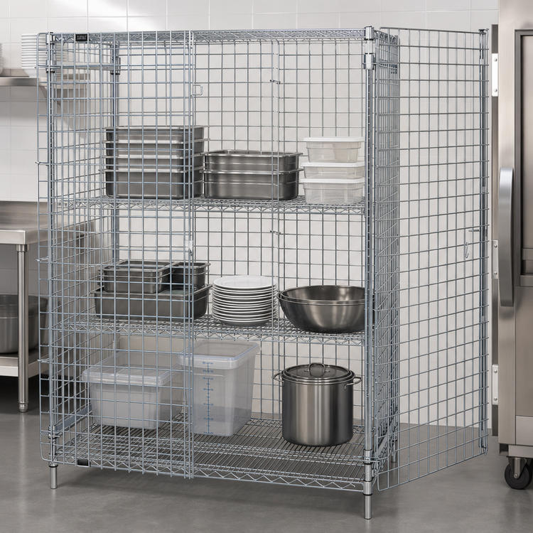 Product image #3 for Quantum Stationary Chrome Wire Security Cage with Doors and Shelves, 36"W x 18"D x 63"H