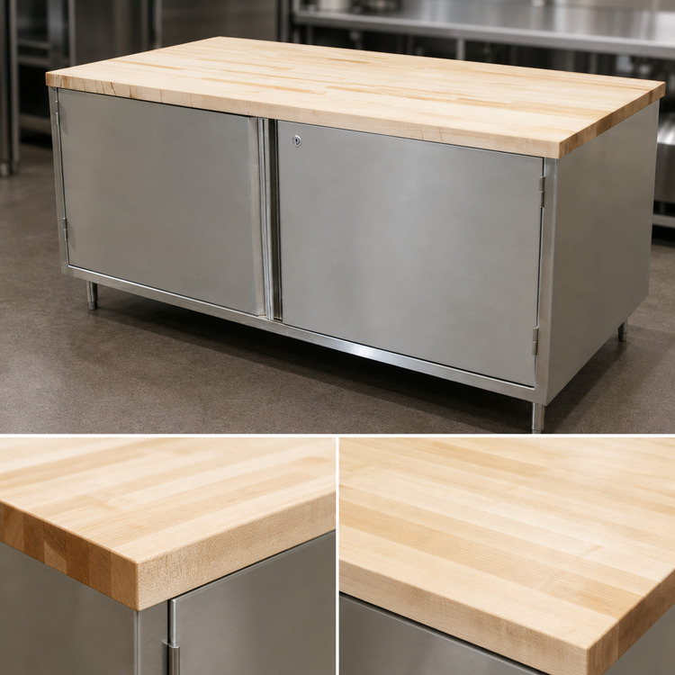 Product image #3 for BK Resources 72-Inch x 30-Inch Hard Maple Chef Table with Locking Hinged-Door Stainless Steel Cabinet Base