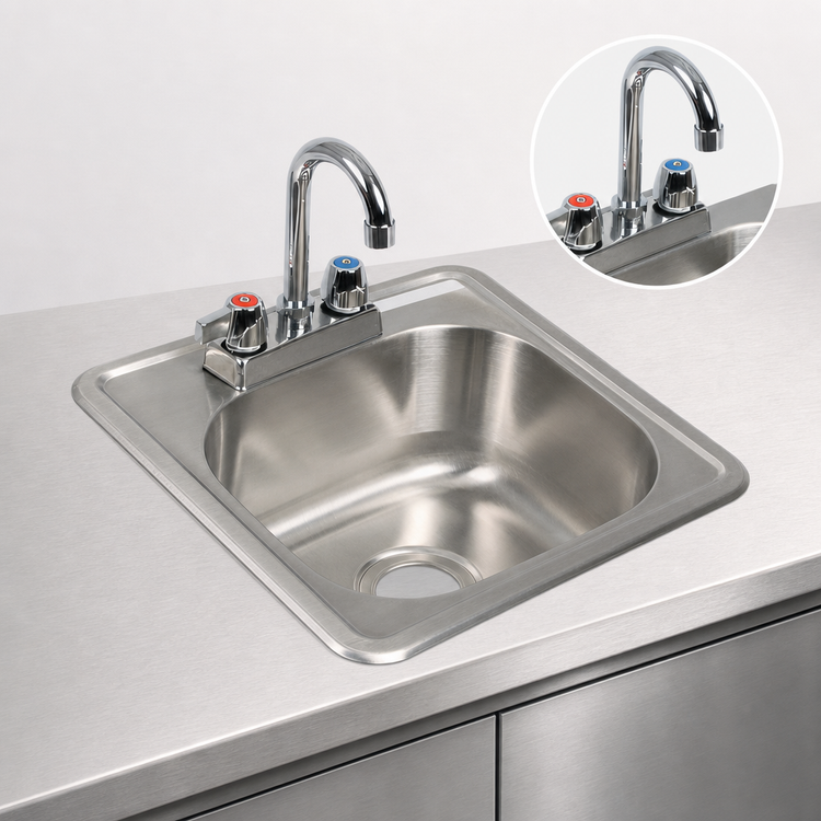 Product image #3 for BK Resources 15-Inch x 15-Inch Drop-In One-Compartment Stainless Steel Sink Kit with Lead-Free Faucet and Basket Drain
