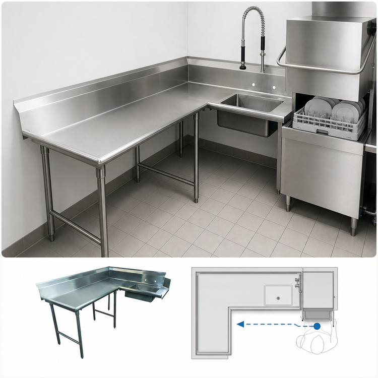 Product image #3 for Advance Tabco Korner Left-Hand L-Shaped Soil Dish Table with Pre-Rinse Sink, 47-Inch, 304 Stainless Steel