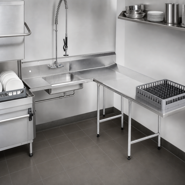 Product image #3 for Advance Tabco L-Shaped Right-Hand Dish Landing Soil Dishtable with Pre-Rinse Sink, 83 Inch, 16 Gauge 304 Stainless Steel