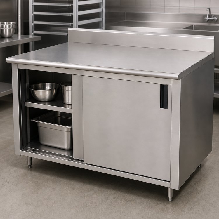 Product image #3 for Advance Tabco 144" x 30" Enclosed Stainless Steel Work Table with Cabinet Base, Sliding Doors, 14-Gauge 304 Top, and 5" Backsplash