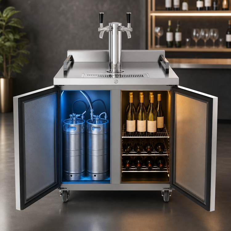 Product image #4 for Beverage Air Dual Zone Wine & Beer Draft Cooler with 2-Tap Tower, 24-Inch Wide, 4-Keg Stainless Steel Flat Top Beer Dispenser