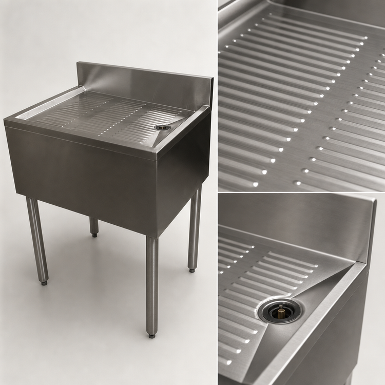 Product image #4 for BK Resources 48-Inch x 18-Inch Free-Standing Underbar Drain Board with Included Drain, 304 Stainless Steel