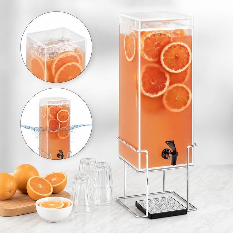 Product image #3 for Cal-Mil Mid-Century 3 Gallon Square Beverage Dispenser with Ice Chamber, Drip Tray, and Chrome Wire Base