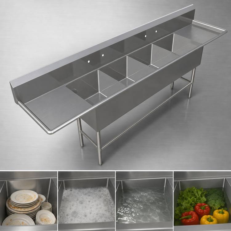 Product image #3 for John Boos Pro-Bowl 4-Compartment Stainless Steel Sink With Left and Right 30-Inch Drainboards, 12-Inch Deep Bowls