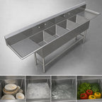 Thumbnail image #3 for John Boos Pro-Bowl 4PB3024-2D30 4-Compartment Stainless Steel Sink, Left & Right 30-Inch Drainboards, 12-Inch Deep Bowls, 10-Inch Backsplash