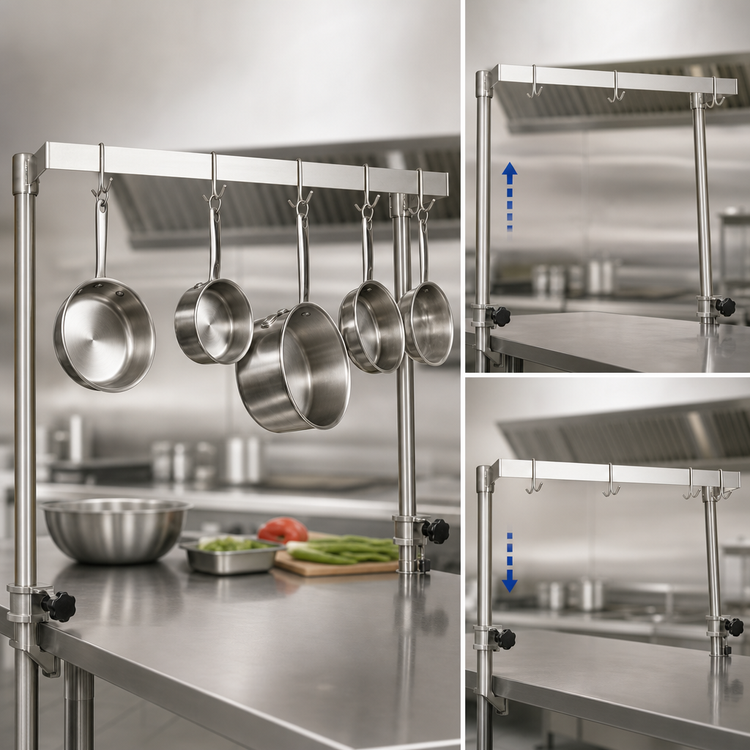 Product image #3 for BK Resources APU-60 60 Inch Adjustable Table-Mount Stainless Steel Pot Rack with 10 Double-Prong Hooks