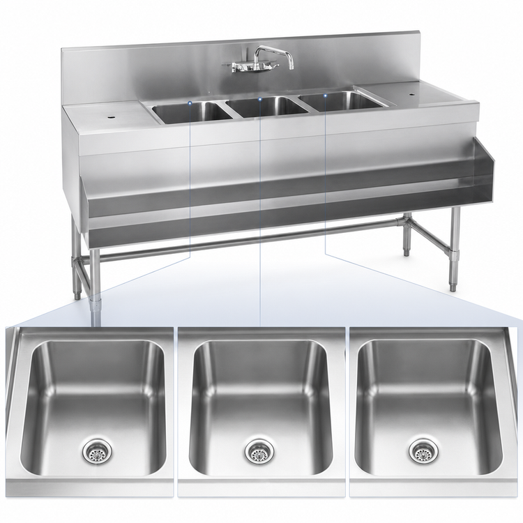 Product image #3 for Eagle Spec-Bar Three-Compartment Underbar Sink Unit with Left Drainboard, 72 x 19 x 37 Inches, Type 304 Stainless Steel
