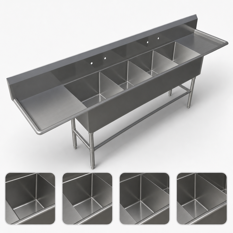 Product image #3 for John Boos Pro-Bowl 4-Compartment Stainless Steel Sink with Left and Right 30-Inch Drainboards, 14 Gauge