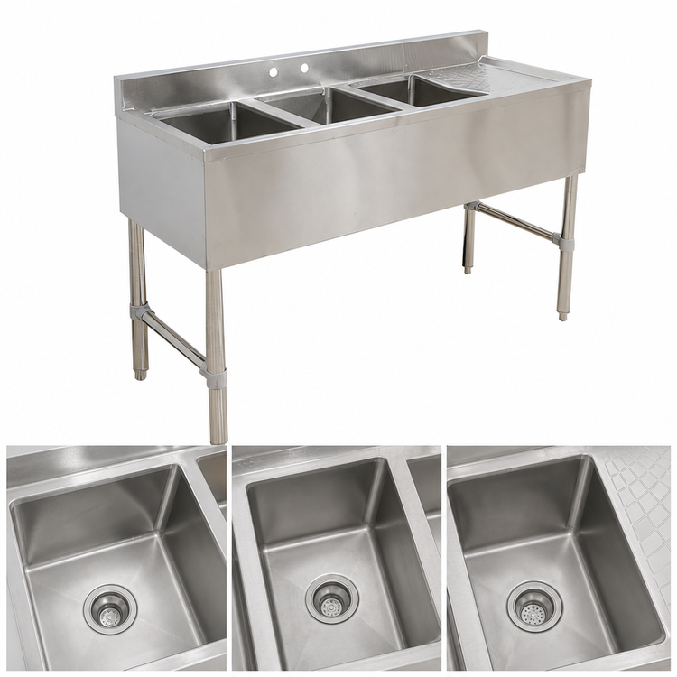 Product image #3 for 49-Inch Three-Compartment Stainless Steel Underbar Sink with Right Drainboard