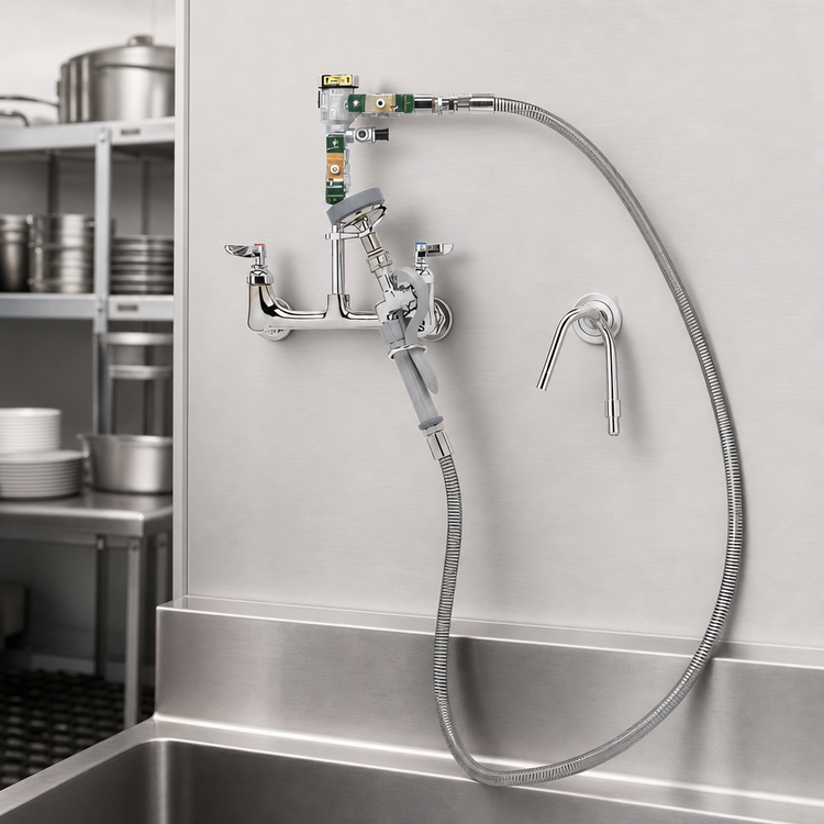 Product image #3 for T&S Brass Splash-Mounted Pot & Kettle Filler Faucet with 8-Inch Adjustable Centers and 68-Inch Flexible Hose