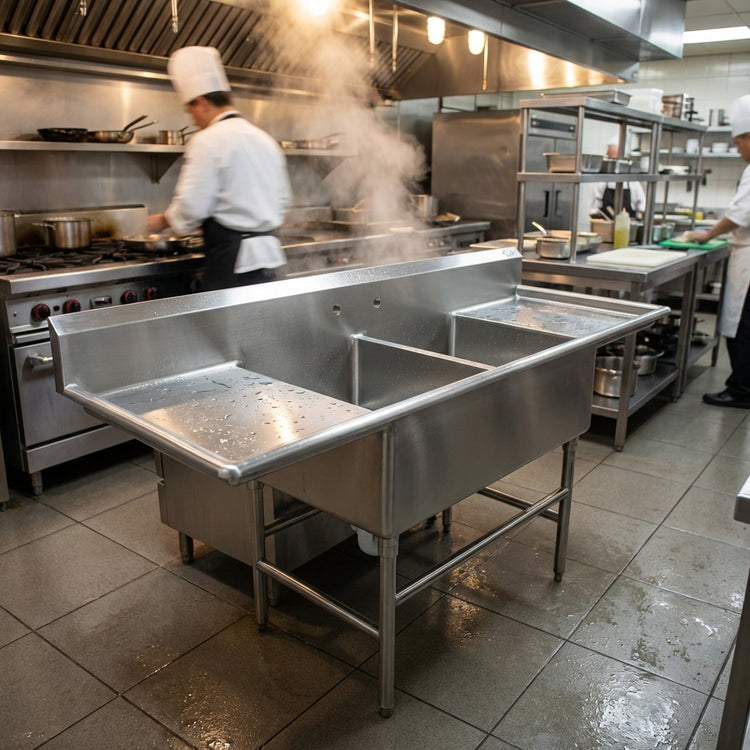 Product image #2 for Spec-Master FFN Series 2-Compartment Stainless Steel Flush Front Commercial Sink with 30-Inch Drainboards