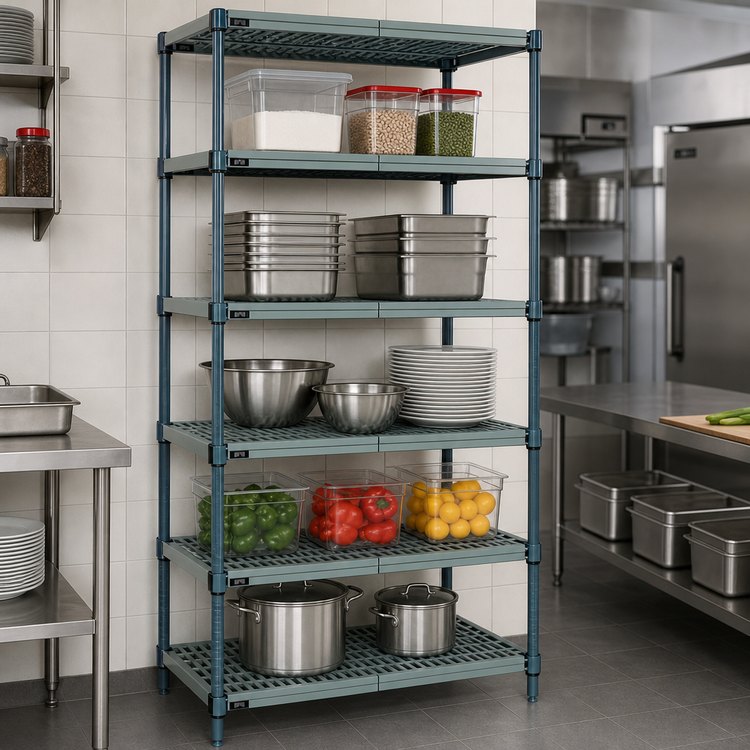 Product image #3 for Quantum 5-Tier Stationary Wire Plastic Mat Shelving Unit, 24 x 18 x 63 Inches, Green Epoxy Coated