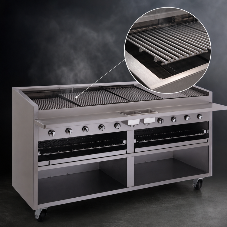 Product image #3 for Bakers Pride Dante Series 72-Inch Gas Radiant Charbroiler, Floor Model, Round Rod Grate, Open Cabinet Base