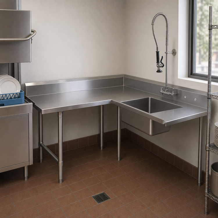 Product image #3 for John Boos Pro-Bowl L-Shaped Corner Soiled Dishtable with Pre-Rinse Sink Bowl, Left-to-Right, 60-Inch Machine-to-Corner x 108-Inch Corner-to-End, 14-Gauge 304 Stainless Steel