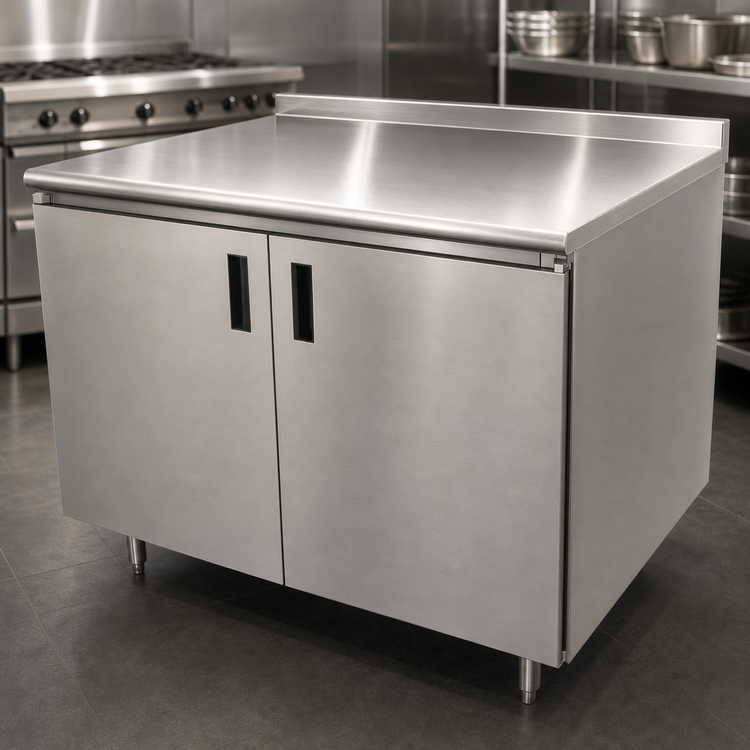 Product image #3 for Advance Tabco 72" x 24" Enclosed Work Table with Cabinet Base, 14 Gauge 304 Stainless Steel Top, Hinged Doors, and 1-1/2" Rear Up-Turn