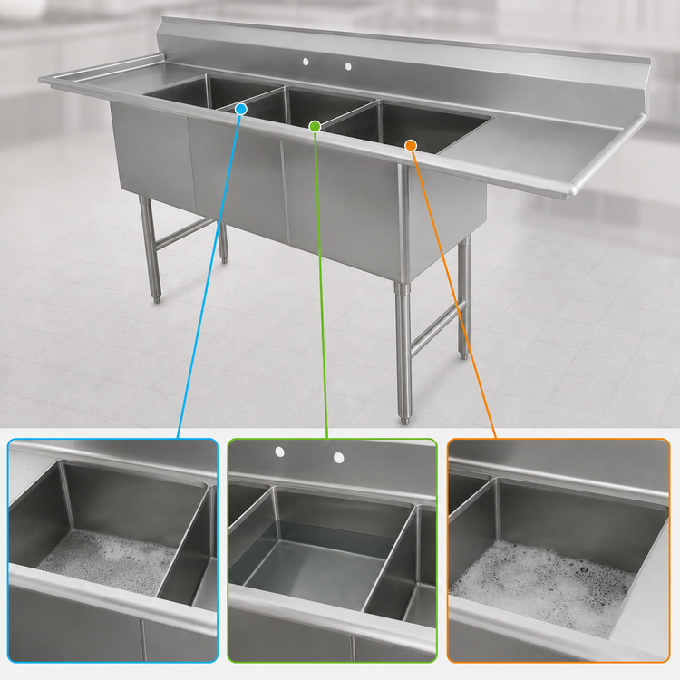 Product image #3 for Advance Tabco 3-Compartment Fabricated Sink with Left & Right Drainboards, 24 x 30 x 14-Inch Bowls, 144-Inch Length