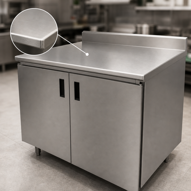 Product image #3 for Advance Tabco Special Value Economy Enclosed Work Table with Cabinet Base, Mid-Shelf, Hinged Doors, 72 x 24 Inches, 16-Gauge 304 Stainless Steel Top