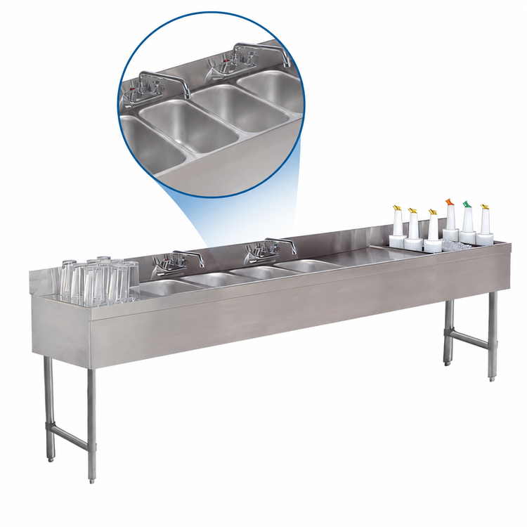 Product image #3 for Advance Tabco Underbar Basics 96-Inch Stainless Steel 4-Compartment Bar Sink and Ice Bin Combo, Right Ice Bin