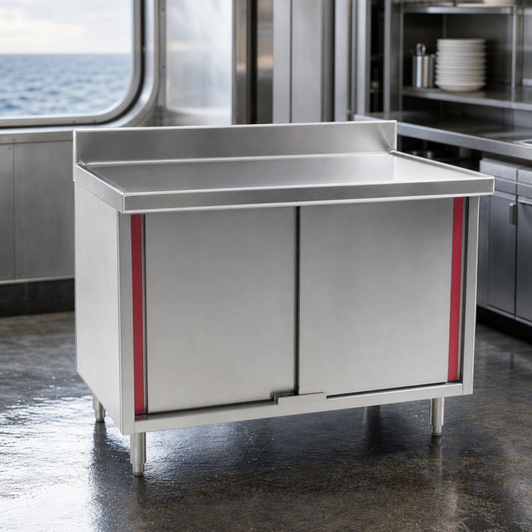 Product image #3 for Eagle Group Spec-Master Marine Series Enclosed Stainless Steel Work Table with Cabinet Base and Sliding Doors, 36 x 30 Inches, 4-1/2 Inch Backsplash