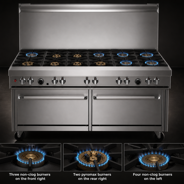 Product image #3 for Southbend Ultimate 60-Inch Gas Restaurant Range with 9 Open Burners, Standard Oven, Cabinet Base, and Backriser Shelf
