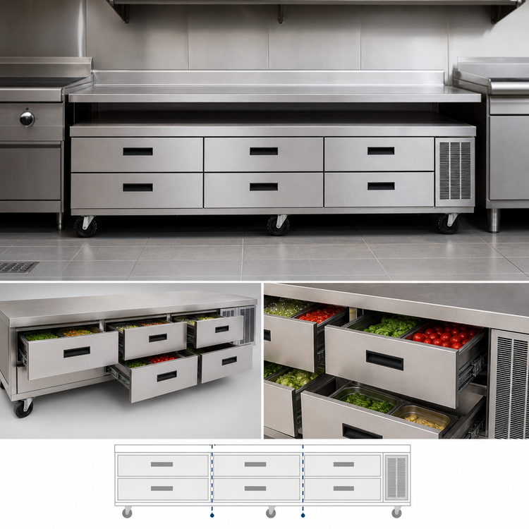 Product image #3 for Delfield Low Profile Refrigerated Equipment Stand, 110-1/4 Inch Wide, 6 Drawers