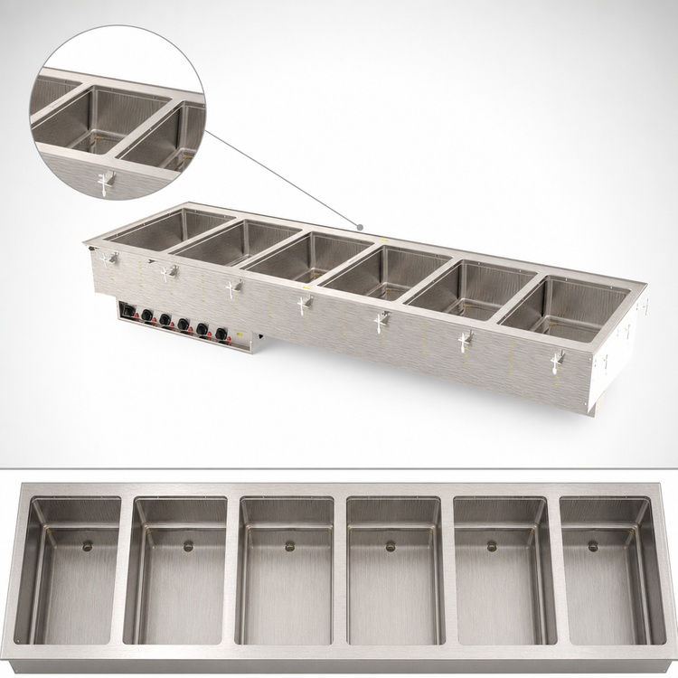 Product image #3 for Vollrath 6-Well Drop-In Electric Hot Food Well Unit, Wet Operation, Individual Thermostatic Controls, 316 Marine Grade Stainless Steel Wells
