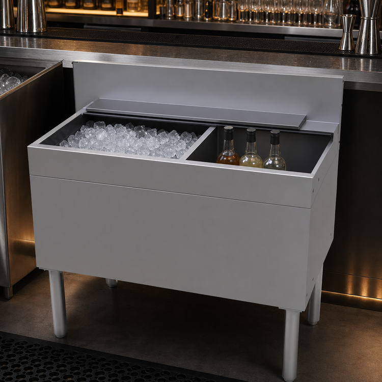 Product image #3 for Glastender 30-Inch Underbar Stainless Steel Combo Ice Bin/Cocktail Unit with Right 3-Bottle Storage and 10-Circuit Cold Plate