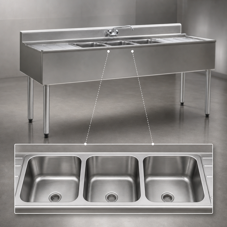 Product image #3 for Eagle Group 2200 Series Three-Compartment Underbar Sink Unit with Drainboards, 60 x 24 x 33-1/2 Inches