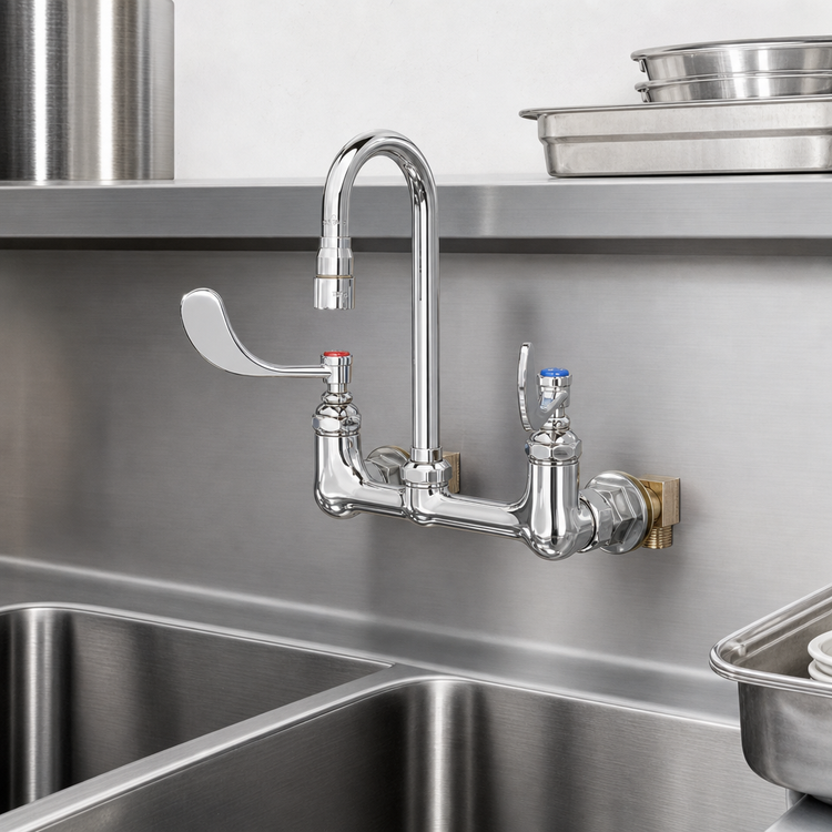 Product image #3 for T&S Brass Double Wall-Mount Pantry Mixing Faucet with Swivel Gooseneck, 8-Inch Centers, 2.2 GPM