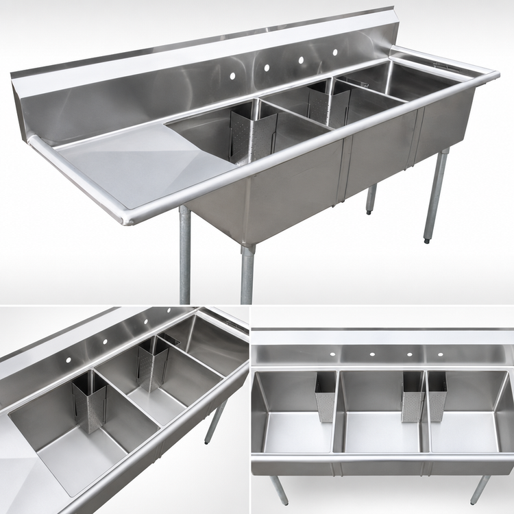 Product image #3 for Omcan USA 3-Compartment Pot Sink with Left Drainboard, 24 x 24 x 14-Inch Bowls, 304 Stainless Steel