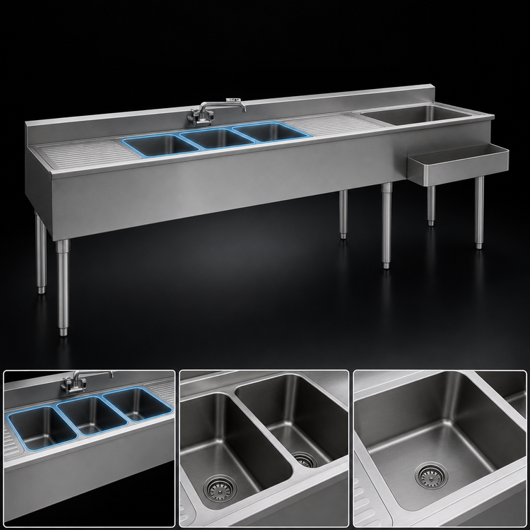 Product image #3 for Eagle Group 1800 Series 120-Inch Underbar Combination Unit with 3 Sink Bowls, Left Ice Bin, and Dual Drainboards