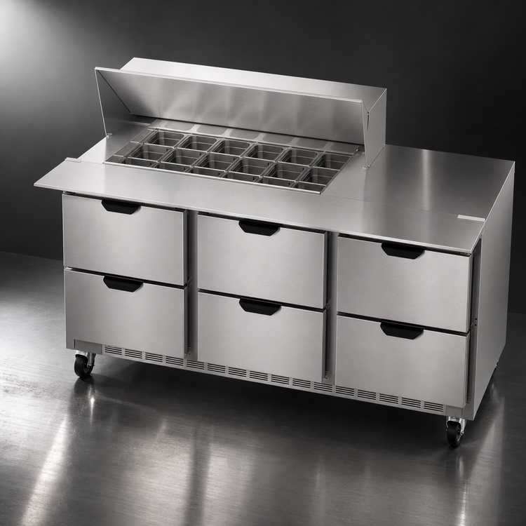 Product image #4 for Beverage-Air 72-Inch Three-Section Mega Top Refrigerated Prep Table with 6 Drawers and 18 1/6-Pan Top