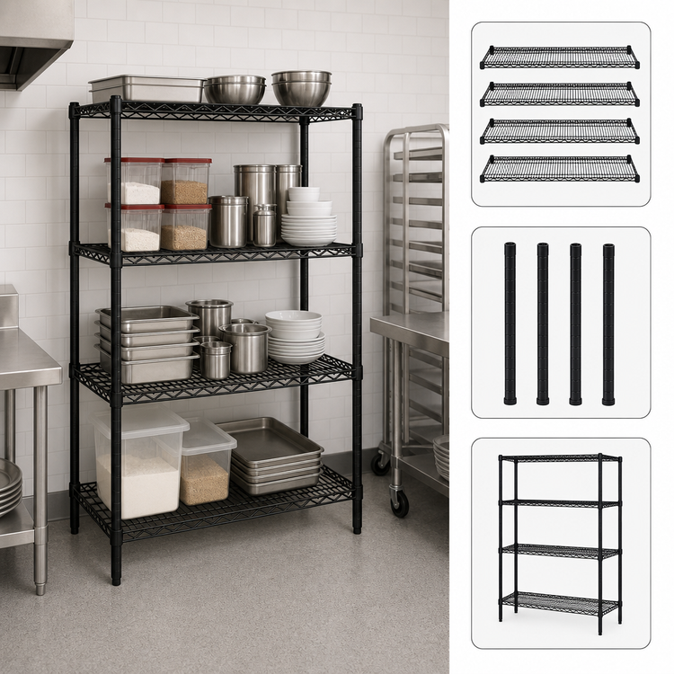 Product image #3 for Quantum 4-Shelf Wire Shelving Starter Kit, 48"W x 12"D x 86"H, Black Epoxy Antimicrobial Finish