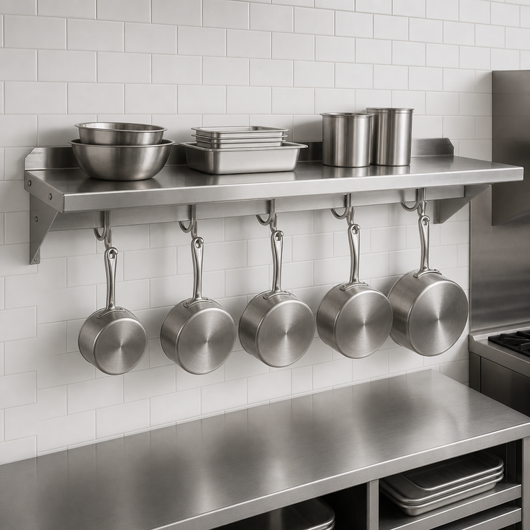 Product image #3 for John Boos Stallion Wall-Mounted Stainless Steel Pot Rack Shelf with 5 Hooks, 60W x 18D x 13H