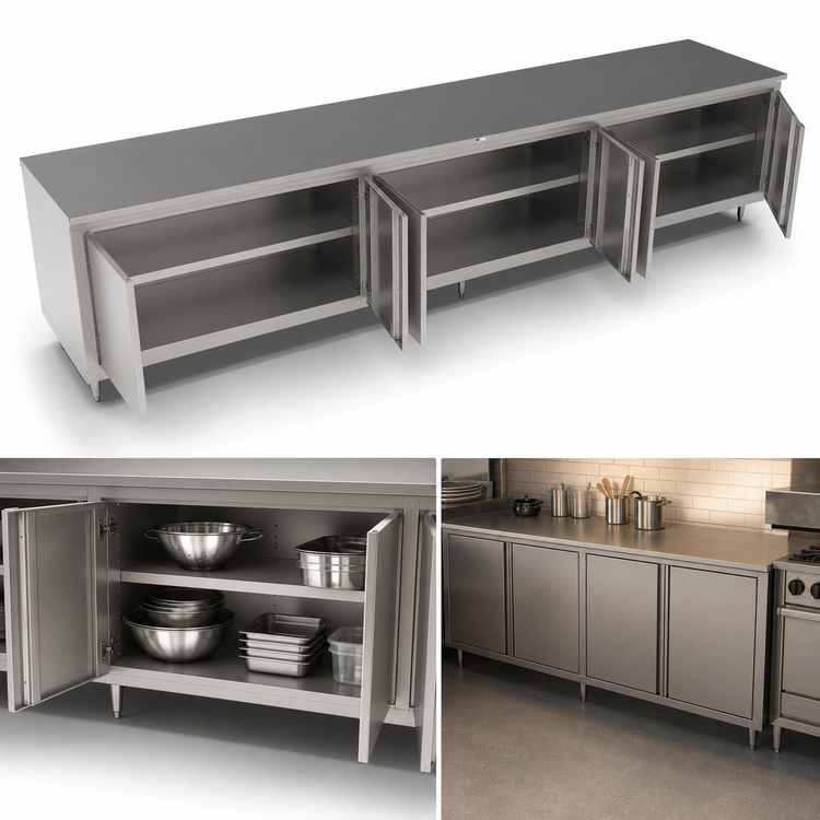 Product image #3 for John Boos Enclosed Stainless Steel Work Table with Cabinet Base, 144 x 36 Inch, 3 Hinged Door Sets
