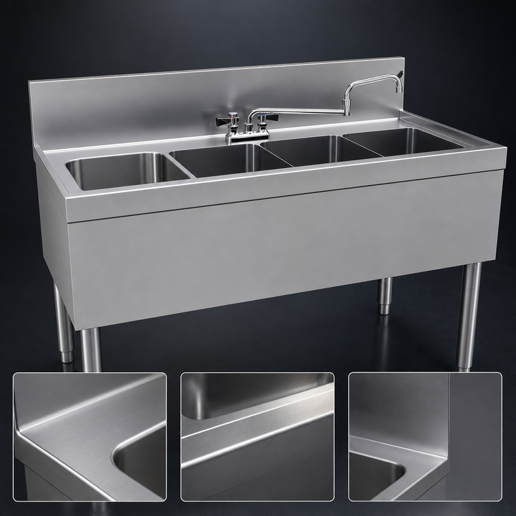 Product image #3 for Glastender Four-Compartment Underbar Sink Unit, 48" W x 24" D, Deck-Mount Faucet