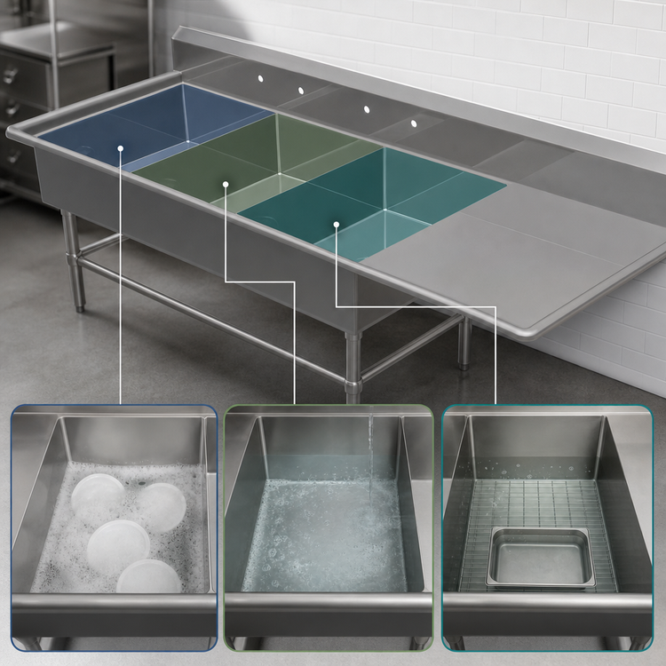 Product image #3 for John Boos Pro-Bowl 3-Compartment Stainless Steel Sink with Right Drainboard, 84-3/16-Inch, 14-Inch Deep Bowls