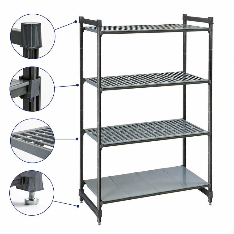 Product image #3 for Cambro Camshelving Basics Plus 4-Shelf Stationary Starter Shelving Unit, 21 x 54 x 84 Inches, Vented and Solid, Brushed Graphite