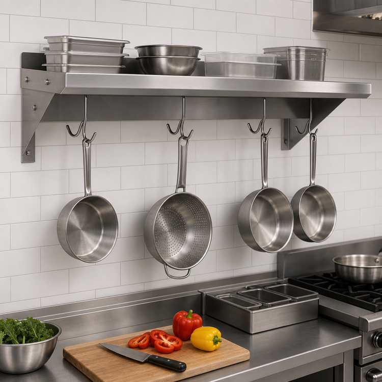 Product image #3 for 60 Inch Wall-Mount Stainless Steel Pot Rack Overshelf with 5 Hooks