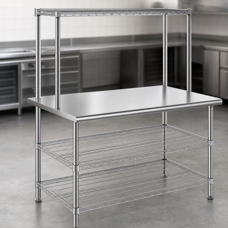 Product image #3 for AdjusTable 60-Inch x 24-Inch One-Tier Stainless Steel Work Surface System with Adjustable Overshelf and Two Undershelves
