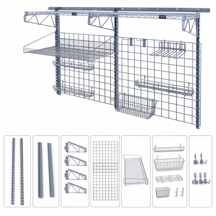 Product image #3 for Quantum Wall-Mounted Store Grid Medium-Duty Starter Kit with Shelves, Baskets and Hooks